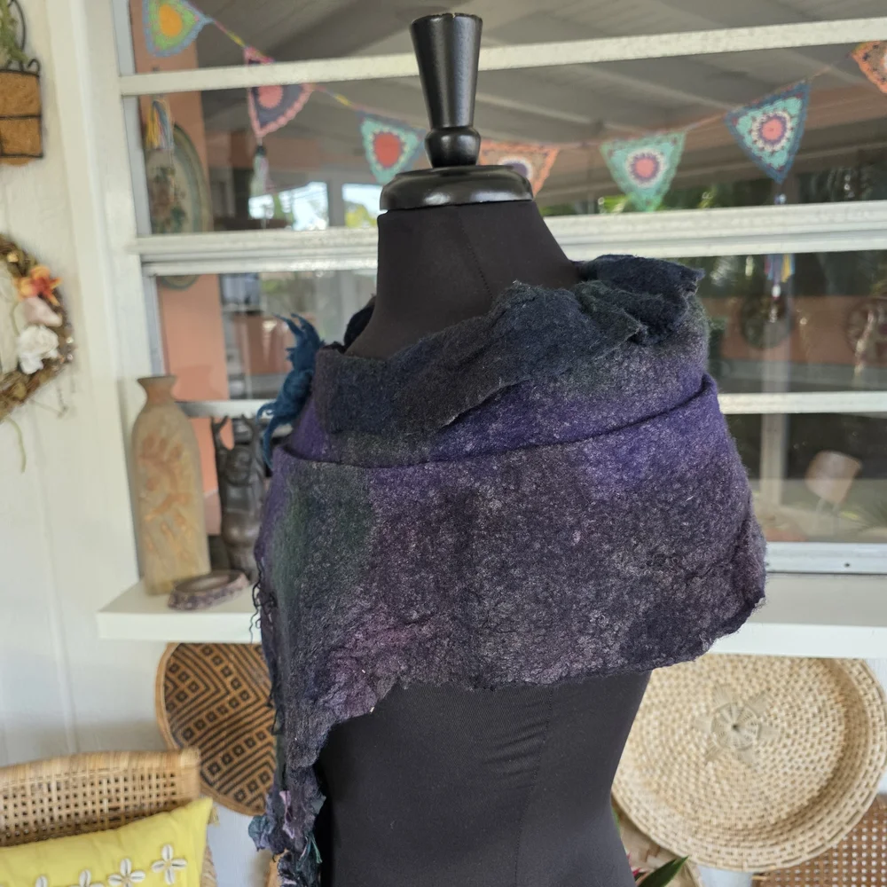 Handmade Nuno Felted Wool Scarf Artisan Boho Chic Bohemian Collar Artsy